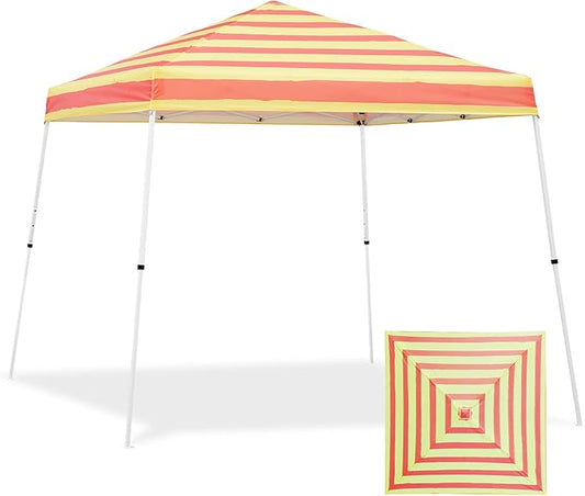 EAGLE PEAK 10x10 Slant Leg Pop-up Canopy Tent Easy One Person Setup Instant Outdoor Beach Canopy Folding Portable Sports Shelter 10x10 Base 8x8 Top (Orange Yellow Stripe)