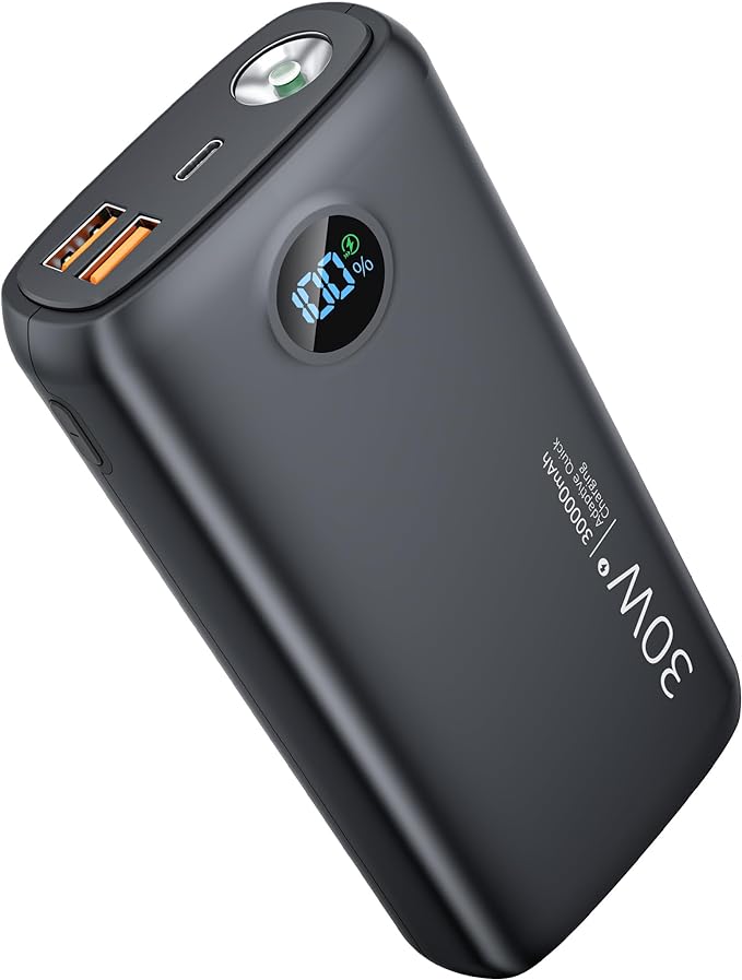 Portable Charger 30,000mAh-Output Input USB C Fast Charging LED Display SCP22.5W PD3.0 QC4.0 Power Bank, Flashlight External Battery Pack for iPhone, Samsung Galaxy, LG, and More Black