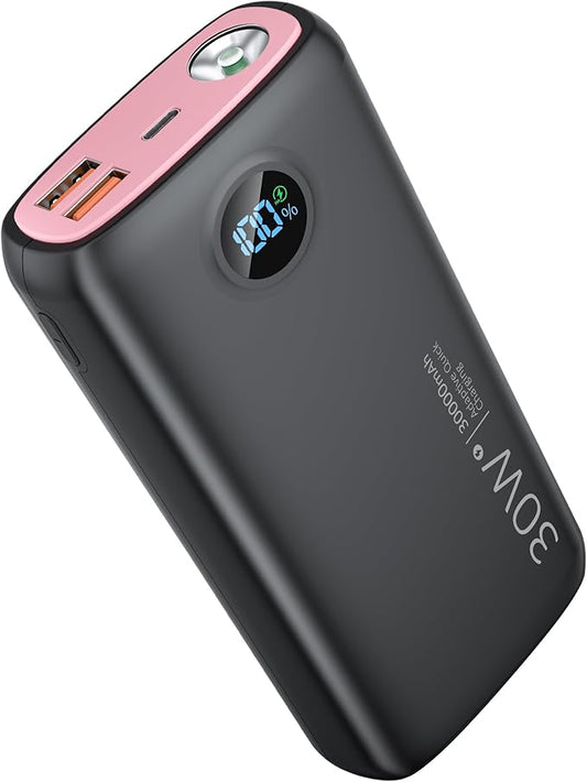Portable Charger 30,000mAh-Output Input USB C Fast Charging LED Display 22.5W PD30W QC4.0 Power Bank, Flashlight External Battery Pack for iPhone, Xiaomi, LG, and More-Pink