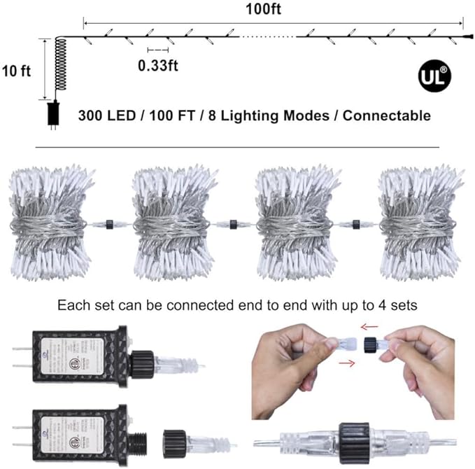 100 FT 300 LED String Lights Indoor, 8 Modes Cool White Fairy Tree Lights Outdoor Connectable, Timer & Memory Christmas String Lights for Bedroom, Home, Yard, Door, Wedding, Xmas Decor