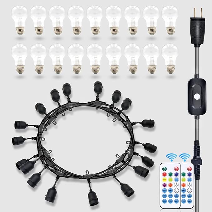 48FT Outdoor Patio Lights Color Changing, RGB LED String Lights with 16 E26 Shatterproof Edison Bulbs, Dimmable Patio String Lights for Bistro Backyard Garden, 1 Remote Controllers