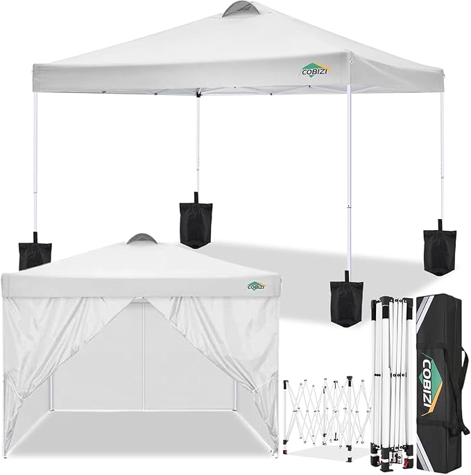 COBlZI 10x10 Pop Up Canopy Tent with 4 Removable Sidewalls，Waterproof Commercial Easy up Adjustable Gazebo with Air Vent, 4 Sandbags，4 Stakes & 8 Ropes（Tents for Party/Exhibition,White