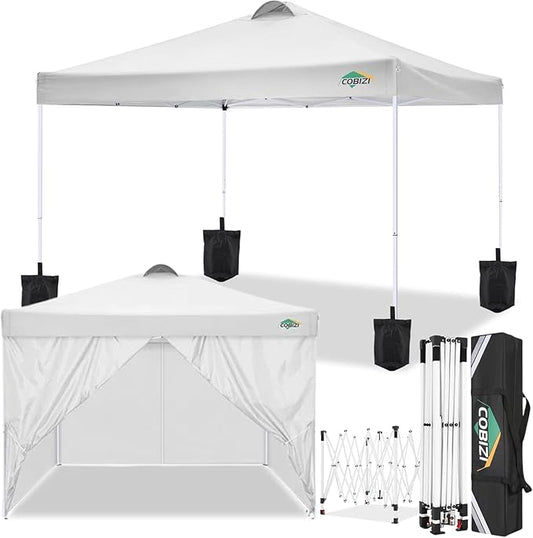 COBlZI 10x10 Pop Up Canopy Tent with 4 Removable Sidewalls，Waterproof Commercial Easy up Adjustable Gazebo with Air Vent, 4 Sandbags，4 Stakes & 8 Ropes（Tents for Party/Exhibition,White
