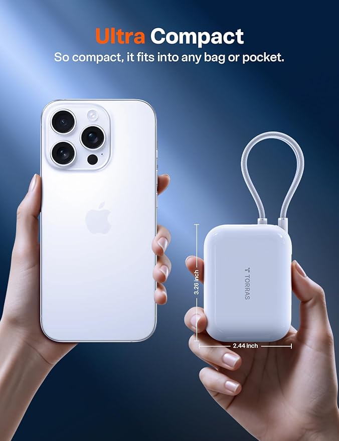 TORRAS 10000mah 45W Power Bank Portable Charger Fast Charging [Ultra Compact] Built in Cable USB C, Travel Essentials Phone Battery Pack Powerbank for iPhone 16 15, Samsung Google Moto etc
