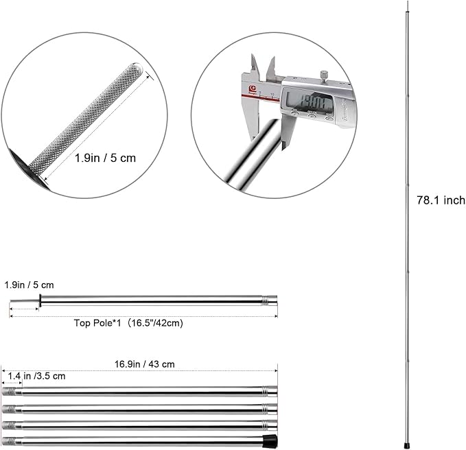 KOMCLUB Adjustable Tent Poles - Heavy Duty Stainless Steel, Lightweight, 78" Collapsible Telescoping Camping Poles Set of 2 for Tarp, Awning, Tent, Hiking Tarp Shelter