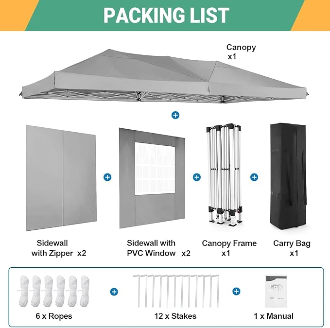 COBIZI 10x20 Pop Up Canopy Tent with 6 Sidewalls Easy Pop Up Tent 10x20 Waterproof Commercial Instant Shelter UPF 50+ Portable Gazebo Wedding Tents for Parties Carport Vender Events, Gray