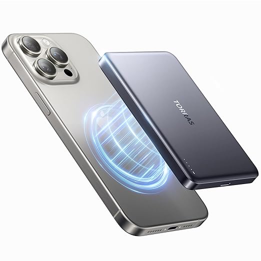 TORRAS MiniMag Power Bank,Ultra-Slim 10,000mAh Magnetic Wireless Portable Charger, 22.5W Fast Charging Battery Pack with USB-C Cable Designed for iPhone 16 Pro Max/16 Pro/16/15/14/13/12, Glacier Gray