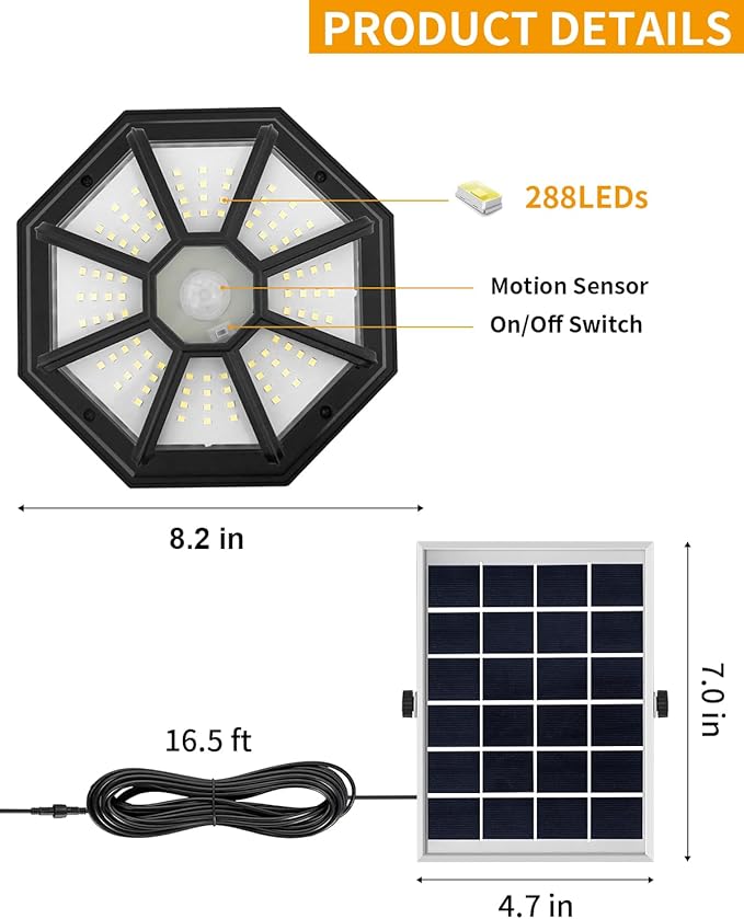 Solar Shed Light Indoor Outdoor 288LED 360°Lighting Solar Lights Work in Daytime with Remote Control, Waterproof Solar Gazebo Lights with Motion Sensor/5 Modes for Home Shed Garage Barn