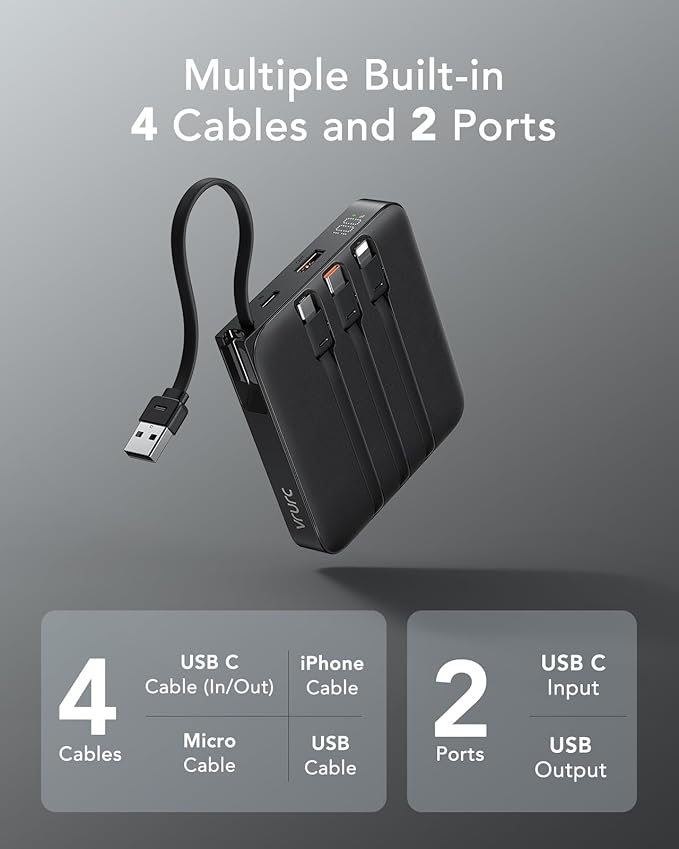 VRURC 20000mAh Portable Charger with Built-in Cables, Travel Essentials, 22.5W Fast Charging Power Bank for iPhone, Phone Battery Pack for iPhone 16 15 14 13 12 11 x Samsung Galaxy Series(1 Pack)