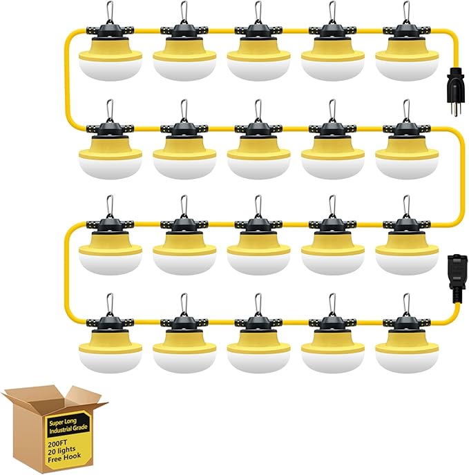 New 200FT Construction String Lights LED Industrial Grade Best for Construction Sites,Renovation, Walkways,Patio,Mine cave,Outdoor Lighting Solutions Use,Free for Climbing Hook 3Prong