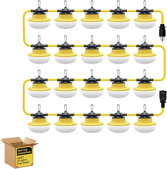 New 200FT Construction String Lights LED Industrial Grade Best for Construction Sites,Renovation, Walkways,Patio,Mine cave,Outdoor Lighting Solutions Use,Free for Climbing Hook 3Prong