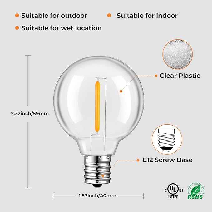 15 Pack G40 Outdoor String Light Bulbs, Waterproof Shatterproof Globe Bulbs with E12 Base, Dimmable Edison Light Bulbs for Party, Garden, Patio Decor, 2200K