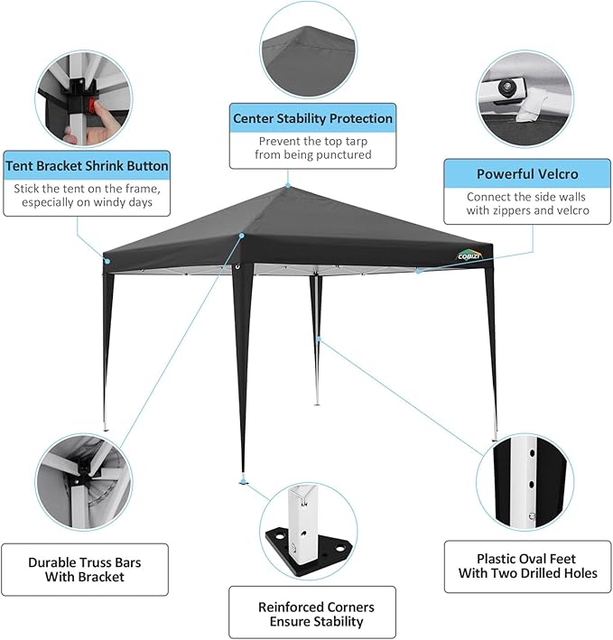 COBIZI 10x10 Pop Up Canopy Tent with 4 Sidewalls,10x10 Easy Up Waterproof Canopy Tents for Parties Camping Exhibition, Outdoor Easy Set U Gazebo Tent with Carry Bag,8 Stakes & 4 Ropes(Black