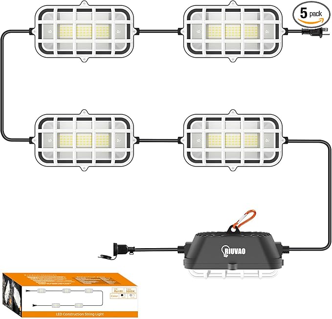50ft LED Construction String Lights,75W 7500LM Waterproof IP67 Led String Work Lights, Construction Temporary Lights (50ft-5lights)