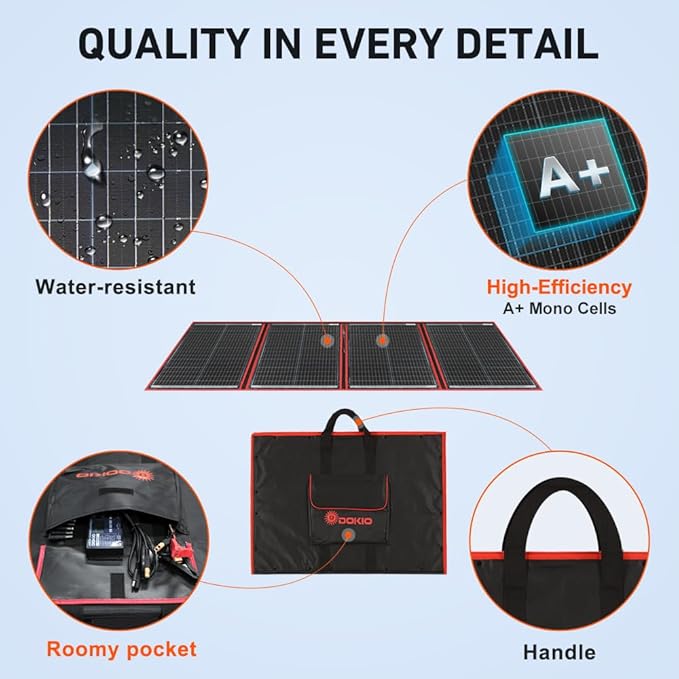 DOKIO 200W Portable Foldable Solar Panel Kit (29x21in, 11.7lb), with Separate Controller and Dual USB, Monocrystalline Charger for 12V Batteries & Power Stations, RV Camping Trailer Emergency Backup