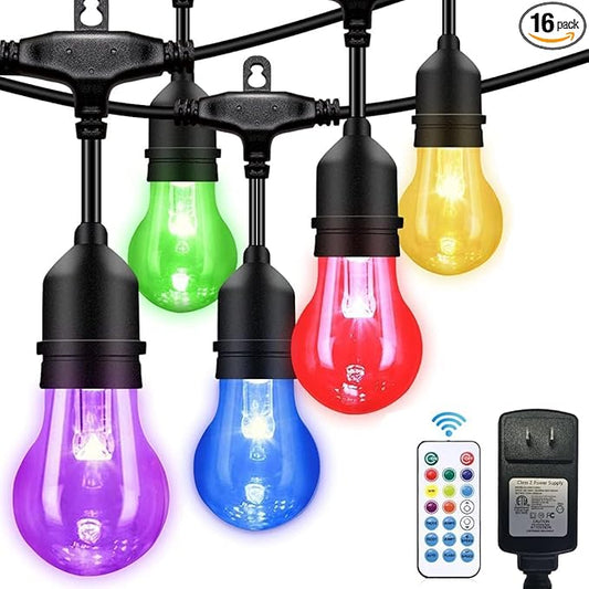 Outdoor Patio Lights Color Changing, 35FT RGB LED String Lights with 16 E26 Shatterproof Edison Bulbs, Dimmable Patio String Lights for Bistro Backyard Garden, 1 Remote Controllers