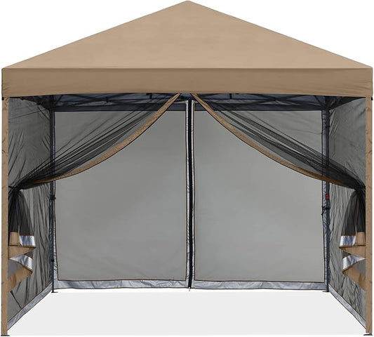MASTERCANOPY Pop-Up Quick Setup Outdoor Canopy with Netting Screen Walls (10x10, Khaki)