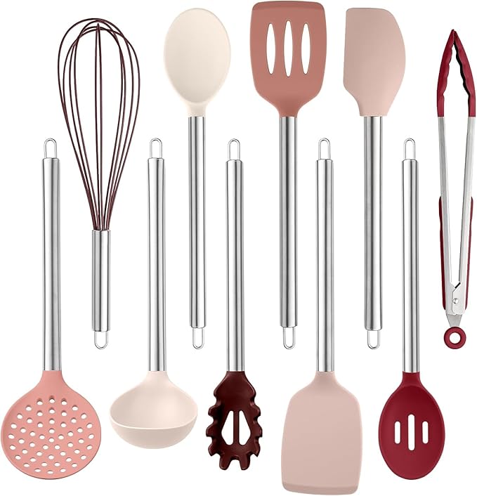 COOK WITH COLOR Silicone Cooking Utensils, Kitchen Utensil Set, Easy to Clean Silicone Kitchen Utensils, Cooking Utensils for Nonstick Cookware, Kitchen Gadgets Set, 10 Pieces, Rose