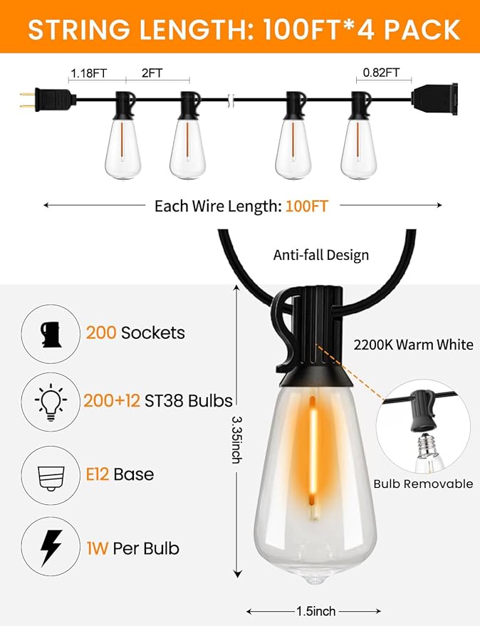 LED Outdoor String Lights 400ft Shatterproof Patio Lights with 212 Waterproof ST38 Vintage Bulbs(12 Spare), Dimmable Outside Hanging String Lights for Backyard Porch Balcony Party, Warm White