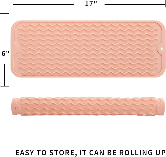 Silicone Dish Drying Mat for Multiple Usage,Easy clean,Eco-friendly,Heat-resistant Silicone Mat for Kitchen Counter,Sink,Bar,Bottle,or Cup Pink M 17 inches x 6 inches