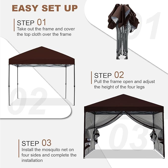 MASTERCANOPY Pop-Up Easy Outdoor Canopy with Netting Screen Walls (8x8, Brown)