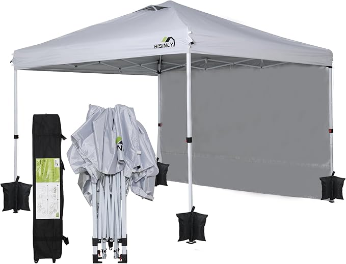10x10ft Pop Up Canopy Tent with Removable Sidewall, Instant Shade Canopy with Vented Roof for Patio Outdoor Camping with Wheel-Bag, 4 Sand Bags, 8 Stakes