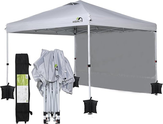 10x10ft Pop Up Canopy Tent with Removable Sidewall, Instant Shade Canopy with Vented Roof for Patio Outdoor Camping with Wheel-Bag, 4 Sand Bags, 8 Stakes