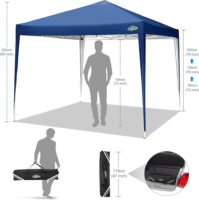 COBIZI 10x10 Pop Up Canopy Tent with 4 Sandbags, Easy Set Up Gazebo, Instant Outdoor Sun Shade &Waterproof Canopy with 8 Stakes,4 Ropes&Carry Bag, Tents for Parties, Beach, Backyard,Camping(Navy Blue