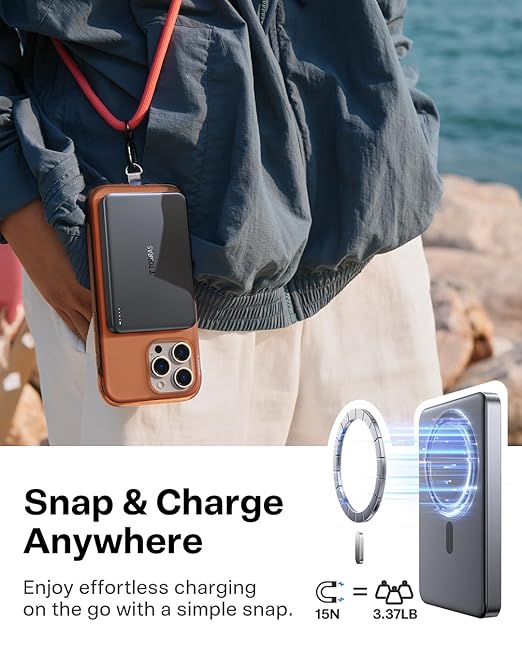 TORRAS MiniMag Power Bank,Ultra-Slim 10,000mAh Magnetic Wireless Portable Charger, 22.5W Fast Charging Battery Pack with USB-C Cable Designed for iPhone 16 Pro Max/16 Pro/16/15/14/13/12, Glacier Gray