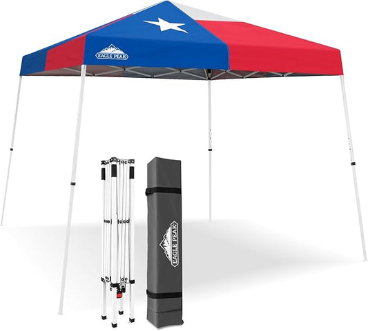 EAGLE PEAK 10x10 Slant Leg Pop-up Canopy Tent Easy One Person Setup Instant Outdoor Beach Canopy Folding Portable Sports Shelter 10x10 Base 8x8 Top (Texas Flag)