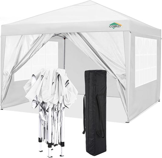 COBIZI 10x10 Pop Up Canopy Tent with 4 Sidewalls,10x10 Easy Up Waterproof Canopy Tents for Parties Camping Exhibition, Outdoor Easy Set U Gazebo Tent with Carry Bag,8 Stakes & 4 Ropes(White