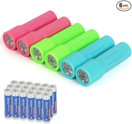 9-LED Mini Flashlight 6-Pack, Small Multicolor Flashlights with Lanyard, 18 AAA Batteries Included, for Hurricane Supplies, Christmas Gifts Stocking Stuffers