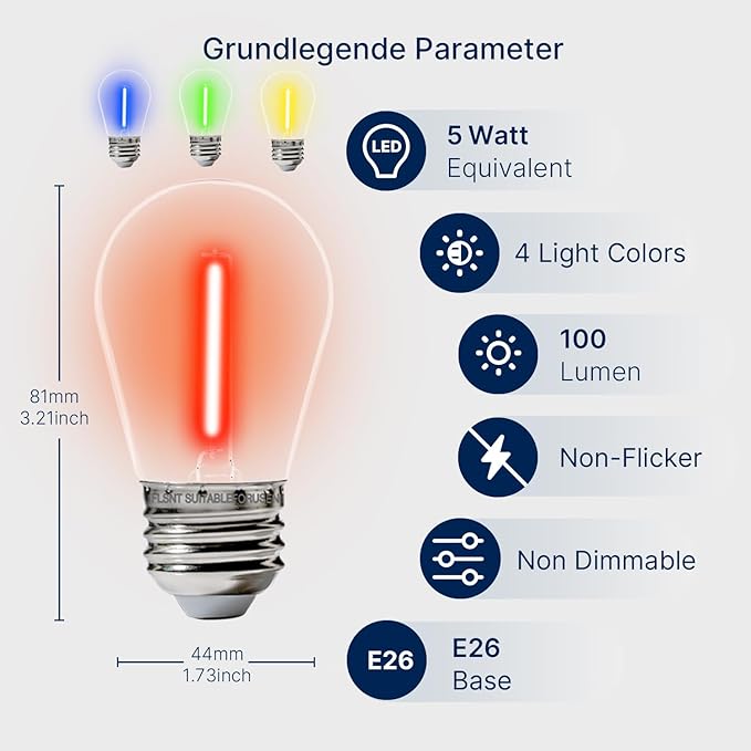 FLSNT 24-Pack S14 Colored LED String Light Bulbs, 1W Waterproof Outdoor Indoor Replacement Bulbs, E26 Base, CRI80, Red/Green/Blue/Warm White