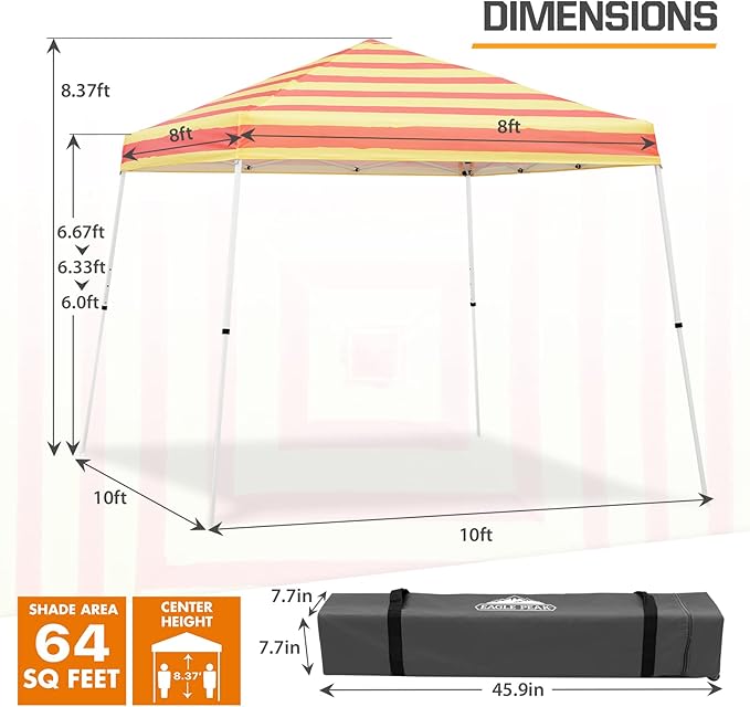 EAGLE PEAK 10x10 Slant Leg Pop-up Canopy Tent Easy One Person Setup Instant Outdoor Beach Canopy Folding Portable Sports Shelter 10x10 Base 8x8 Top (Orange Yellow Stripe)