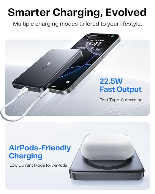 TORRAS MiniMag Power Bank,Ultra-Slim 10,000mAh Magnetic Wireless Portable Charger, 22.5W Fast Charging Battery Pack with USB-C Cable Designed for iPhone 16 Pro Max/16 Pro/16/15/14/13/12, Glacier Gray