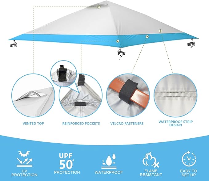 13x13 Canopy Replacement Top Cover,Single Tier Waterproof Instant Canopy Vented Top，Silver Coated Oxford Pop Up Canopy Replacement Cover for Outdoor Garden Camping(Top Only,396 * 396cm