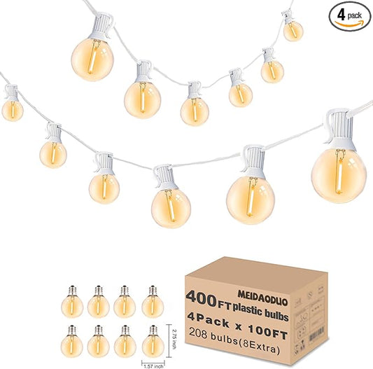 400FT White String Lights for Outside with 200+8 Extral LED G40 Bulbs Globe String Lights White Cord for Patio Pergola Gazebo Wedding Decoration, 4 x 100FT Connectable