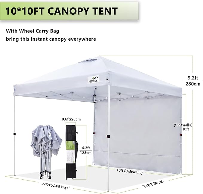 10x10ft Pop Up Canopy Tent with Removable Sidewall, Instant Shade Canopy with Vented Roof for Patio Outdoor Camping with Wheel-Bag, 4 Sand Bags, 8 Stakes