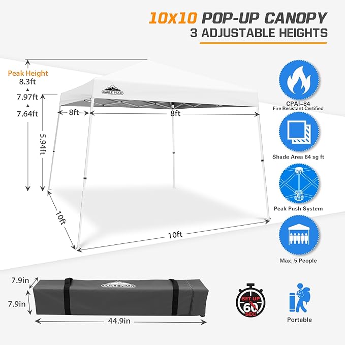 EAGLE PEAK 10x10 Slant Leg Pop-up Canopy Tent Easy One Person Setup Instant Outdoor Beach Canopy Folding Portable Sports Shelter 10x10 Base 8x8 Top (White)