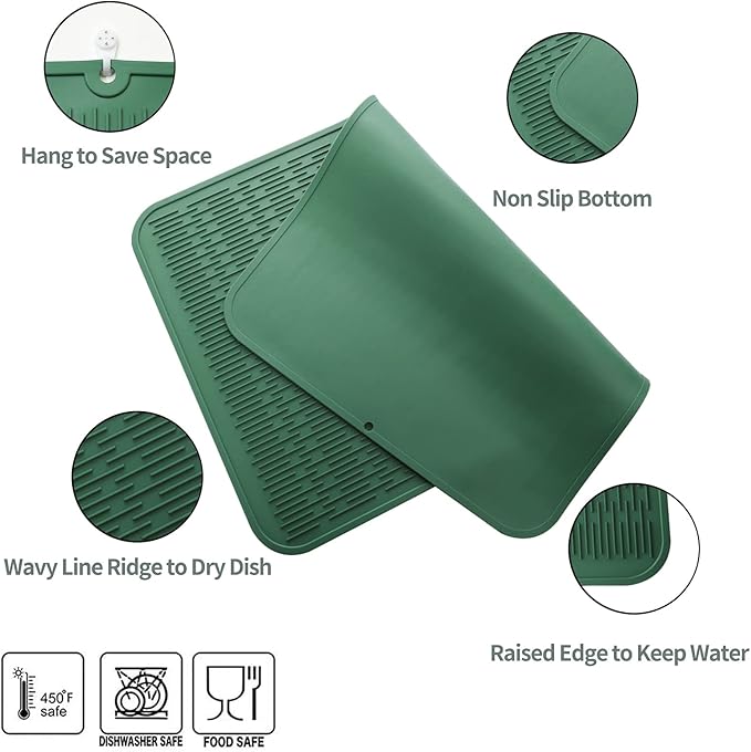 Silicone Dish Drying Mat for Multiple Usage,Easy clean,Eco-friendly,Heat-resistant Silicone Mat for Kitchen Counter or Sink,Refrigerator or Drawer Liner Green 3XL 28 inches x 18 inches