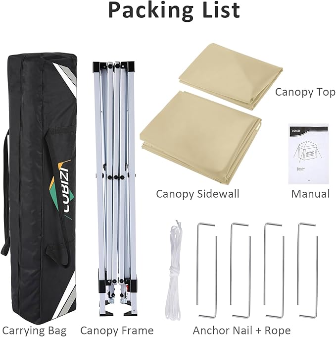 COBIZI 10x10 Pop Up Canopy Tent with 4 Sidewalls,10x10 Easy Up Waterproof Canopy Tents for Parties Camping Exhibition, Outdoor Easy Set U Gazebo Tent with Carry Bag,8 Stakes & 4 Ropes(Khaki