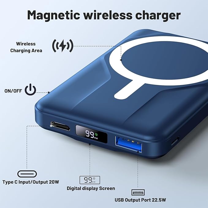 Azmuth Wireless Portable Charger with Stand, Slim 10000mAh Magnetic Power Bank for Magsafe, 22.5W Fast Charging Battery Pack with Digital Display Compatible with iPhone 16/15/14/13/12 Series
