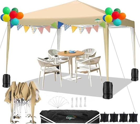 COBIZI 10x10 Pop Up Canopy Tent with 4 Sandbags, Easy Set Up Gazebo, Instant Outdoor Sun Shade &Waterproof Canopy with 8 Stakes,4 Ropes&Carry Bag, Tents for Parties, Beach, Backyard,Camping(Khaki