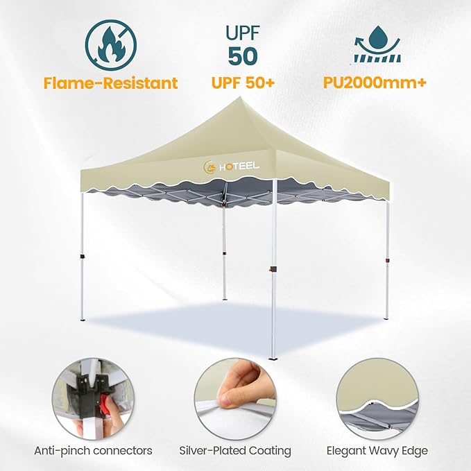 HOTEEL 10×10 Pop Up Canopy with 4 Sidewalls, UV 50+ and Waterproof Canopy Tent 10×10, Thickened Frame, Large Space Easy Pop Up Canopy, Outdoor Canopy for Weddings, Beaches, Parties, Patio (Khaki)