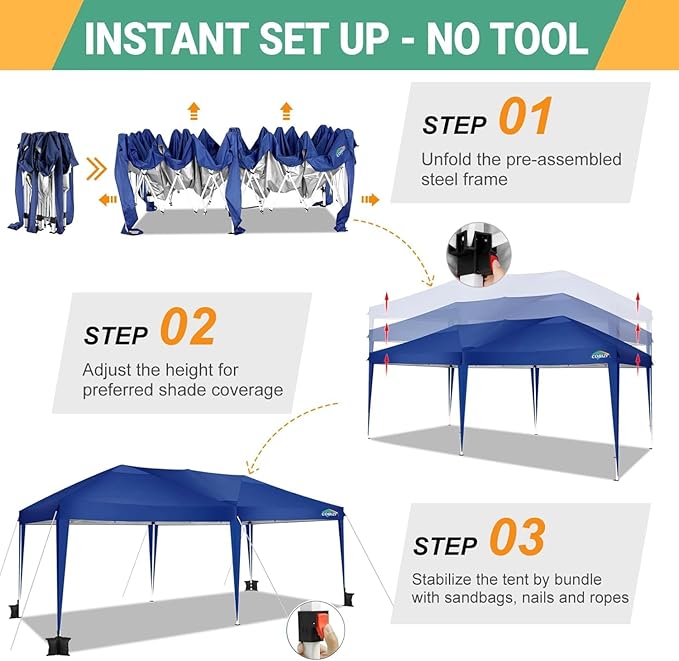 COBIZI 10x20 Pop Up Canopy Tent 10x20ft Waterproof Party Easy Up Canopy Tents for Parties Wedding Outdoor Commercial Event Gazebo Portable Instant Tent for Backyard Camping Carport, Navy Blue