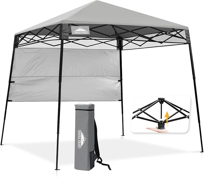 EAGLE PEAK 8x8 Pop Up Canopy Tent with Sidewall, Compact, Portable Slant Leg Instant Sun Shelter for Beach, Sports, & Camping, 8x8 Base 6x6 Top, Light Gray
