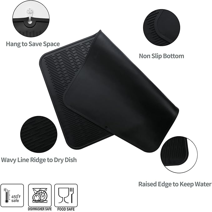 Silicone Dish Drying Mat for Multiple Usage,Easy clean,Eco-friendly,Heat-resistant Silicone Mat for Kitchen Counter or Sink,Refrigerator or Drawer Liner Black 4XL 32 inches x 18 inches