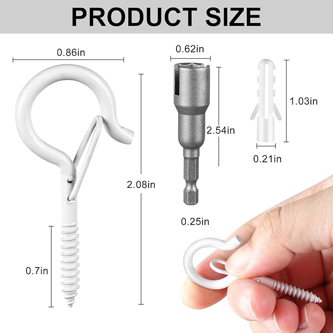 24 PCS Q-Hanger Hooks, Screw Hooks for Outdoor String Lights, Safety Buckle Design Cup Eye Hook for Hanging Christmas Lights, Plants, Mounted on Wall Ceiling, Include 1 Wing Nut Driver, White