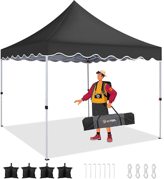 HOTEEL 10×10 Pop Up Canopy, Outdoor Canopy with 1-Person Setup, Height-Adjustable, for Weddings, Camping, Parties, Bonus 4 Wind Ropes + 8 Ground Spikes + 4 Sandbags (Black)