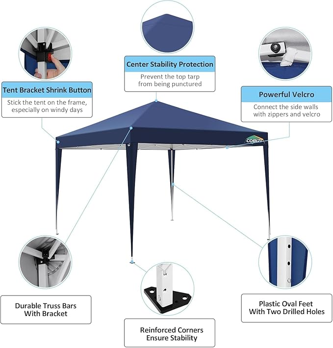 COBIZI 10x10 Pop Up Canopy Tent with 4 Removable Sidewalls, Easy Up Waterproof Sun Shade Tents for Parties Camping Exhibition, Commercial Event Gazebo with Carry Bag,8 Stakes & 4 Ropes (Navy Blue